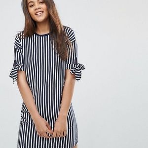 Navy Blue & White Pinstripe Teeshirt Dress with Bow Sleeves